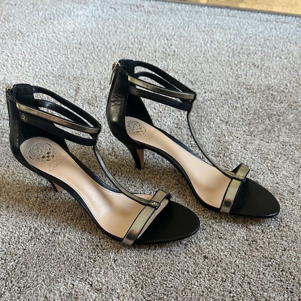 Vince Camuto Black and Gold Strappy Heels